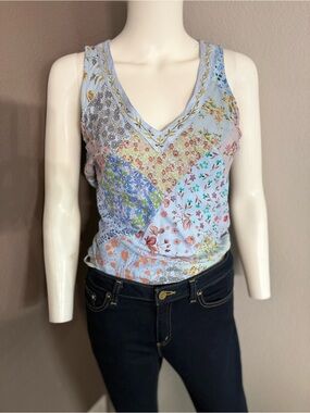 Blue Sky Light Blue Floral Patchwork V-Neck Tank